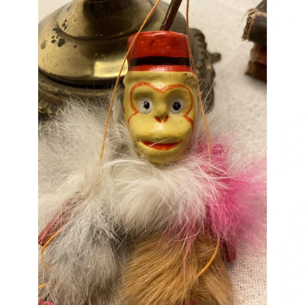 Antique Celluloid Monkey toy Hanging Bouncy Spring Feathers